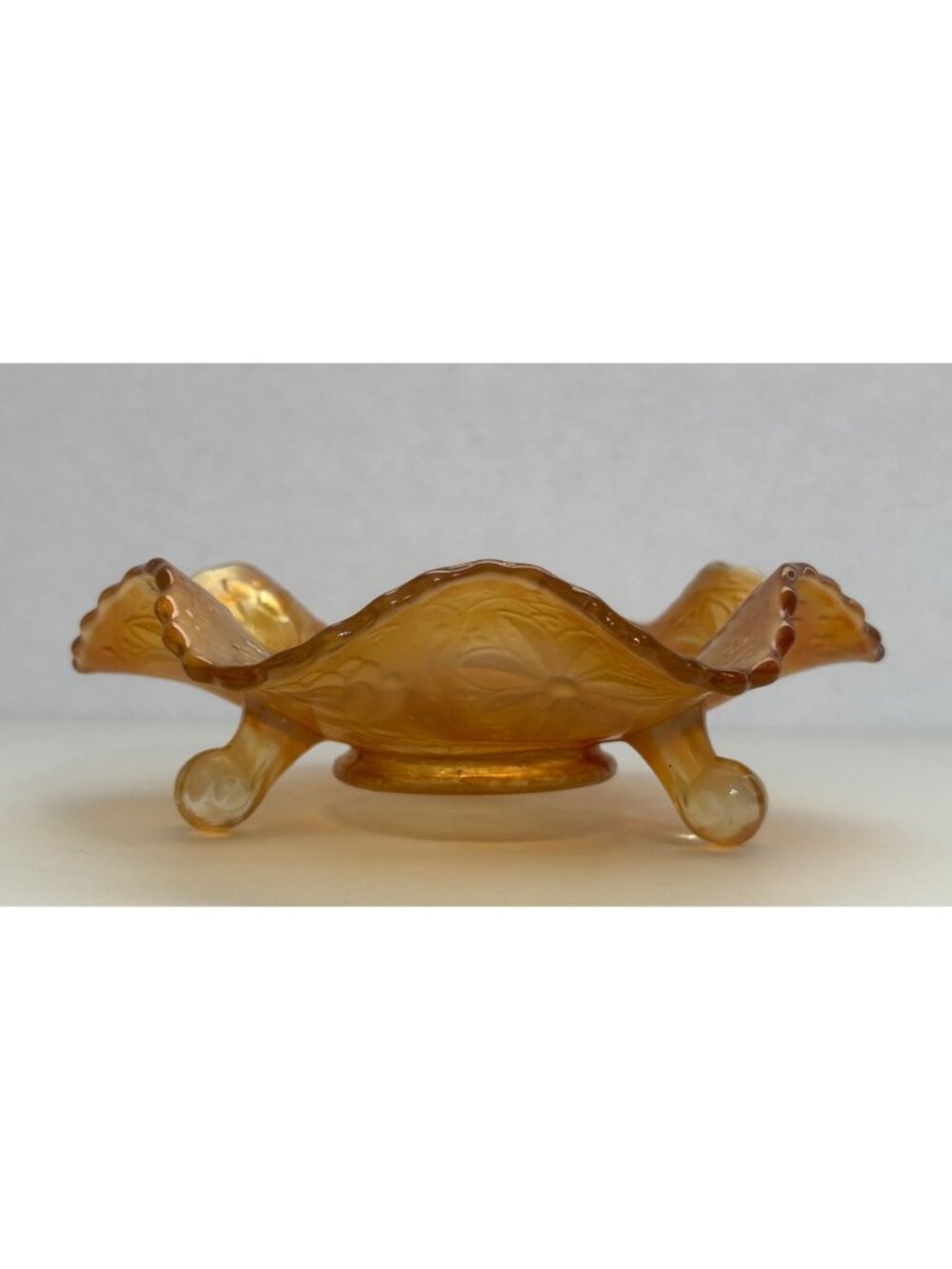 Fenton Carnival Glass Footed Dish Floral Marigold Iridescent Scalloped Edges - Picture 3 of 10